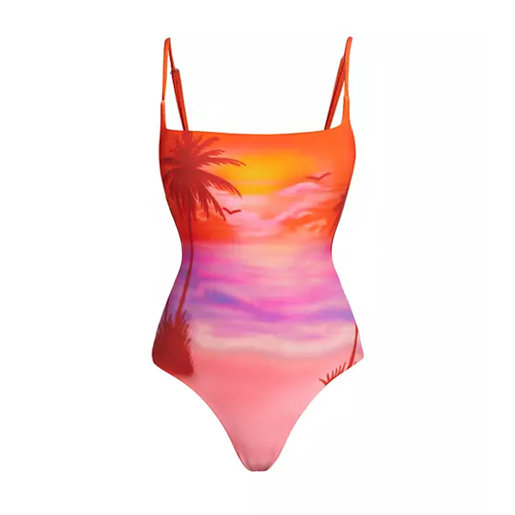 Бански костюм за едно парче с комплект обвивна пола и залезен принт; материя: нейлон 90%, подплата: полиестер 85%; чашки с подплата без метална опора