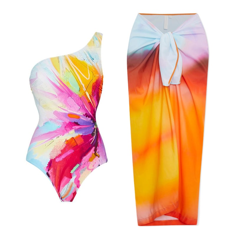 Бански костюм за едно парче с комплект обвивна пола и залезен принт; материя: нейлон 90%, подплата: полиестер 85%; чашки с подплата без метална опора