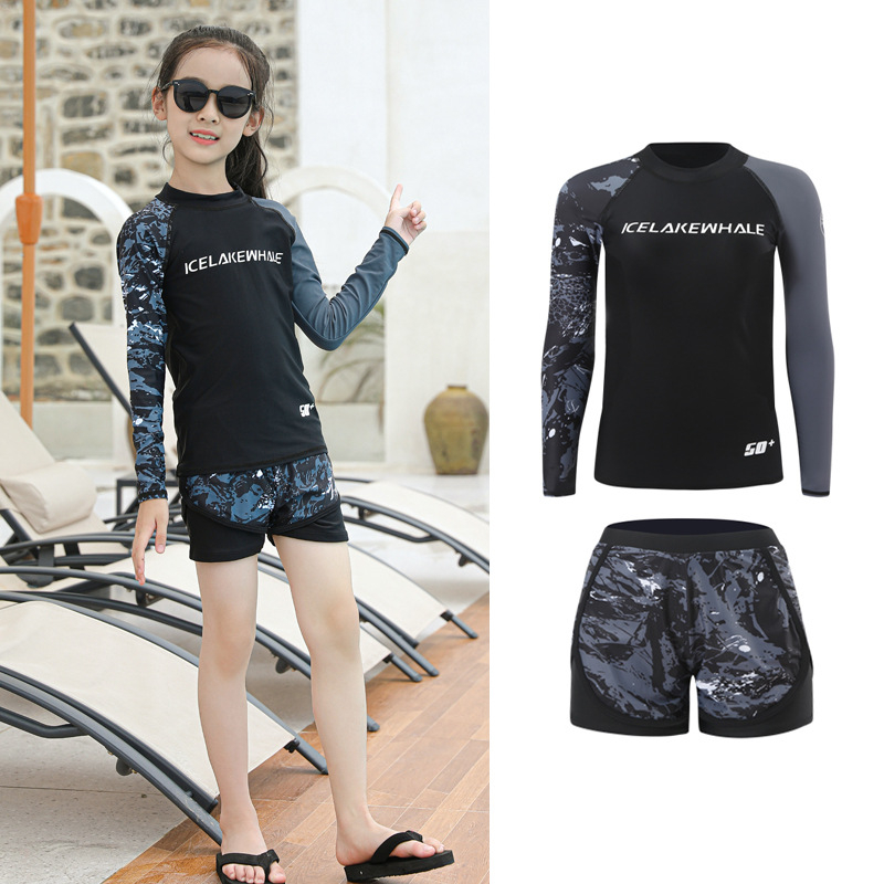 Унисекс плувен костюм в стил Korean Ins, разделен боксерски модел, за възрастни и деца, бързосъхнещ найлон със полиестерна подплата, подплънки за бюст, дълги ръкави