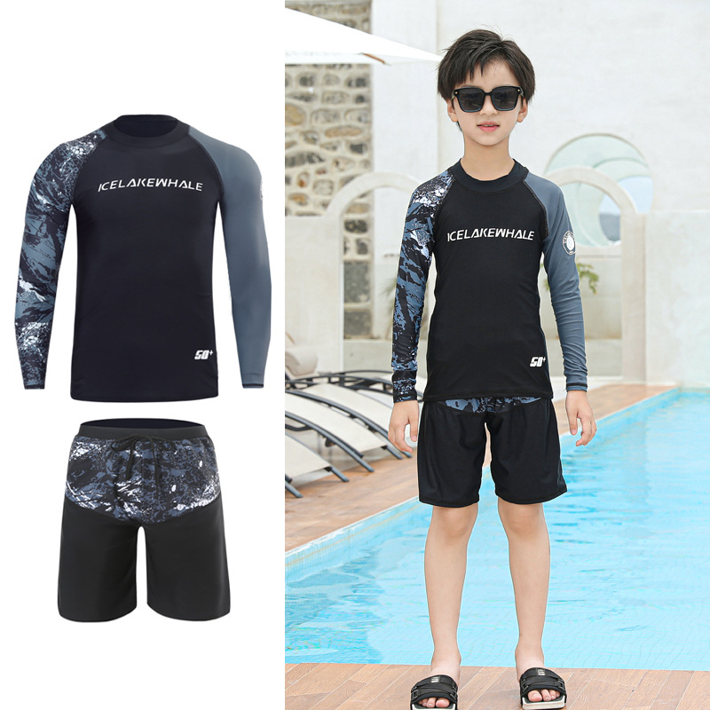 Унисекс плувен костюм в стил Korean Ins, разделен боксерски модел, за възрастни и деца, бързосъхнещ найлон със полиестерна подплата, подплънки за бюст, дълги ръкави