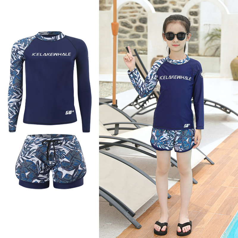 Унисекс плувен костюм в стил Korean Ins, разделен боксерски модел, за възрастни и деца, бързосъхнещ найлон със полиестерна подплата, подплънки за бюст, дълги ръкави