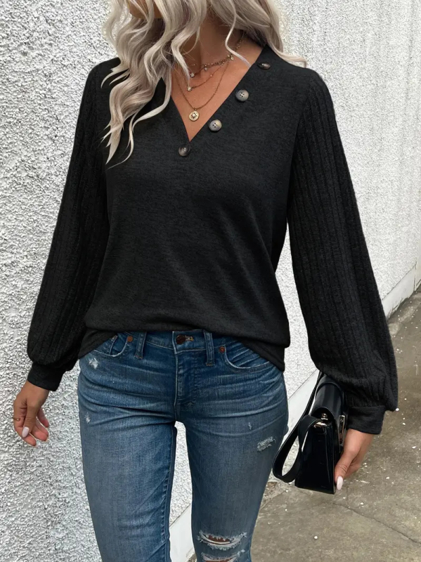 Πολυεστερικό T-shirt με V-λαιμό, quilted lantern μανίκια, άνετη γραμμή