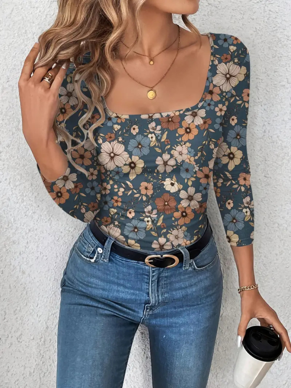 Γυναικεία cropped φλοράλ T‑shirt με U-λαιμό, μιλκ σιλκ και πολυεστέρες 95%, 3D μοτίβο, στενή γραμμή