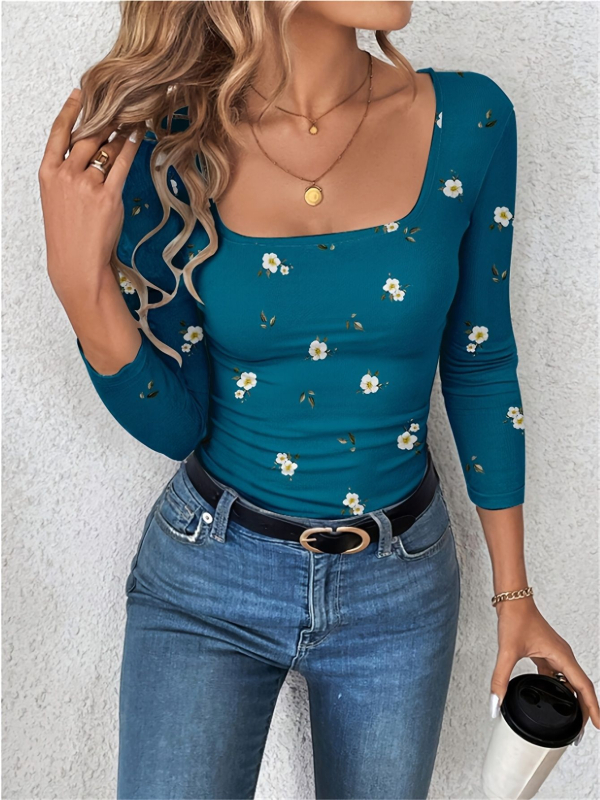 Γυναικεία cropped φλοράλ T‑shirt με U-λαιμό, μιλκ σιλκ και πολυεστέρες 95%, 3D μοτίβο, στενή γραμμή