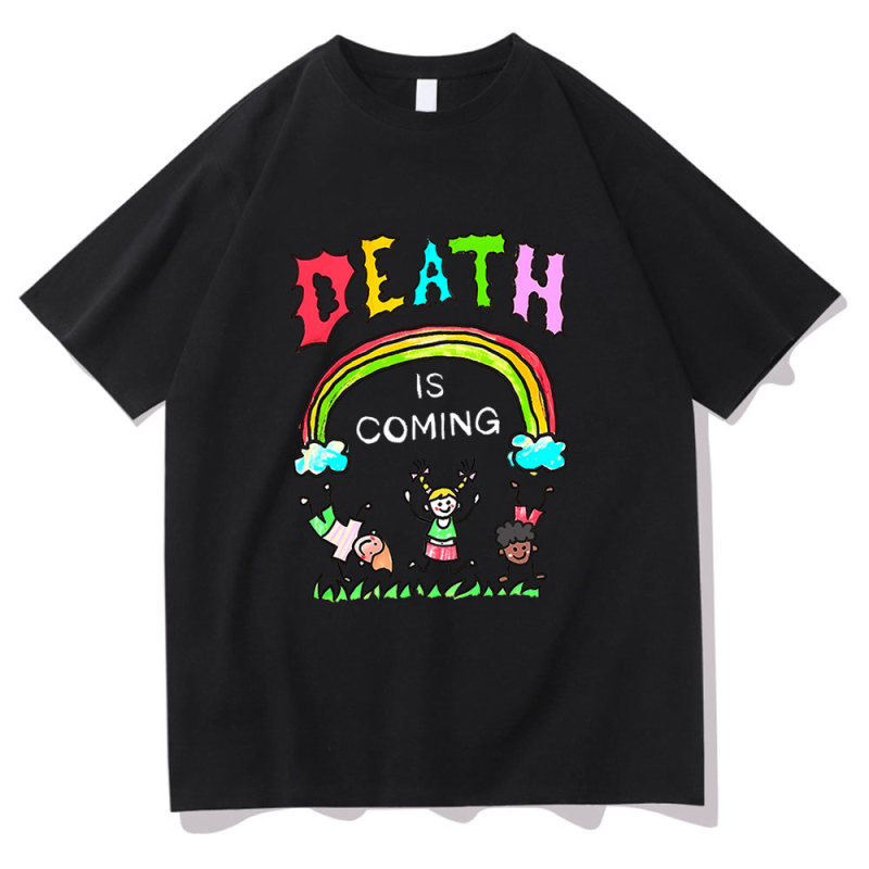 T‑shirt Death Is Coming με εκτύπωση, street hip hop στυλ (71–80% βαμβάκι, κοντά μανίκια, ίσια γραμμή, για όλες τις εποχές, 180–250 g)