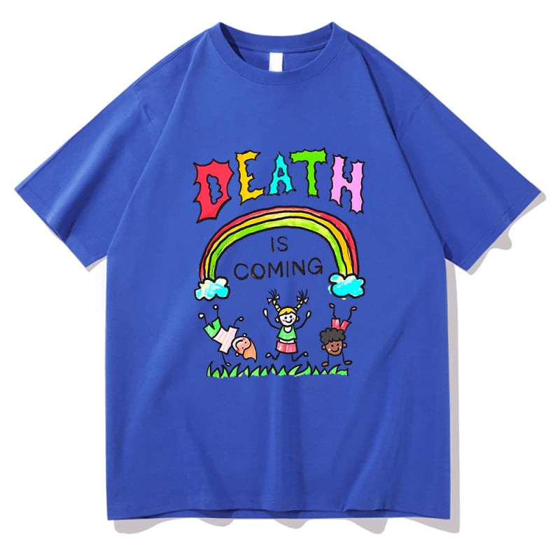T‑shirt Death Is Coming με εκτύπωση, street hip hop στυλ (71–80% βαμβάκι, κοντά μανίκια, ίσια γραμμή, για όλες τις εποχές, 180–250 g)