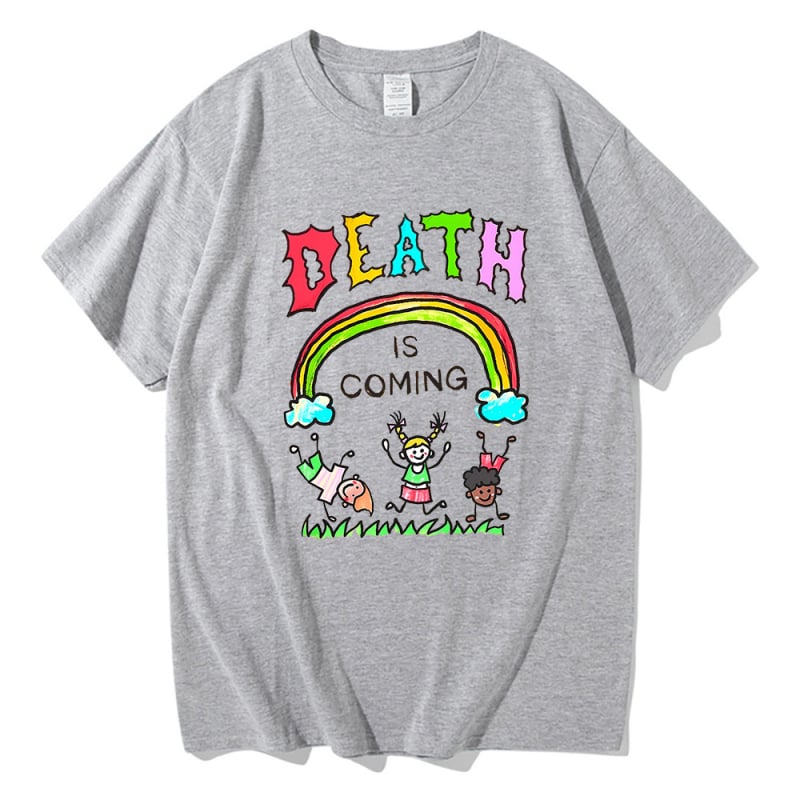 T‑shirt Death Is Coming με εκτύπωση, street hip hop στυλ (71–80% βαμβάκι, κοντά μανίκια, ίσια γραμμή, για όλες τις εποχές, 180–250 g)