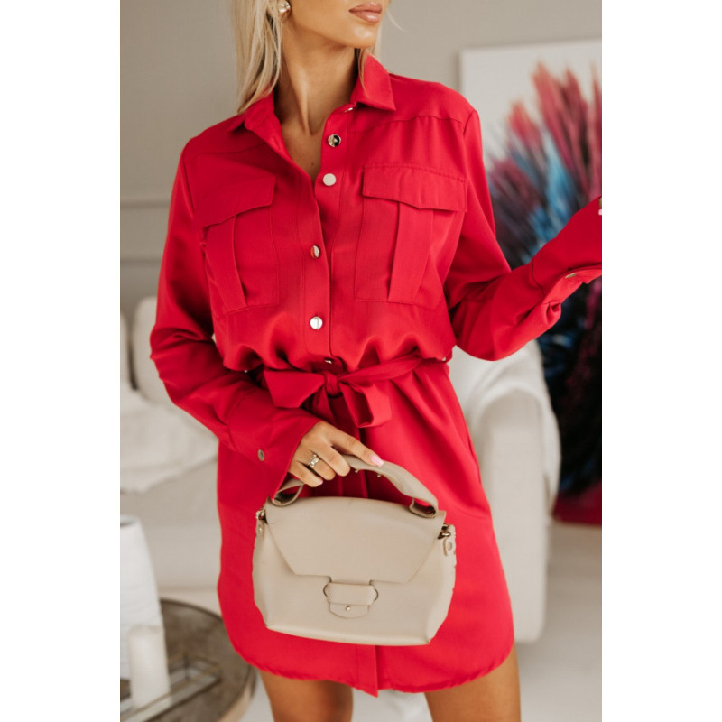 Marškiniai-suknelė su kaspinio detale, patchwork sijonas, ilgos rankovės, marškinio apykaklė, poliesteris