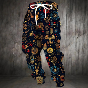 Ανδρικά παντελόνια γυμναστικής με χαλαρή γραμμή και γεωμετρικό μοτίβο, βαμβακο-πολυεστερική μείξη, απομάκρυνση υγρασίας, ρυθμιζόμενη μέση με κορδόνι