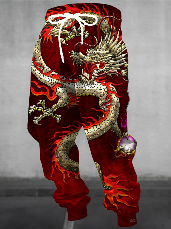 Vyrinės laisvos sportinės kelnės su geometriniu raštu, medvilnės–poliesterio mišinys, drėgmės pašalinimas, raištelių juostelė