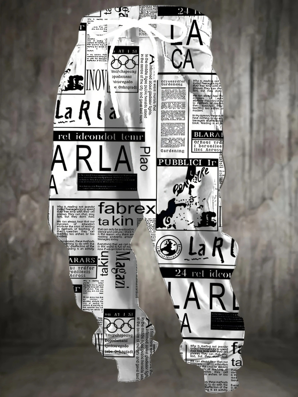 Vyrinės laisvos sportinės kelnės su geometriniu raštu, medvilnės–poliesterio mišinys, drėgmės pašalinimas, raištelių juostelė