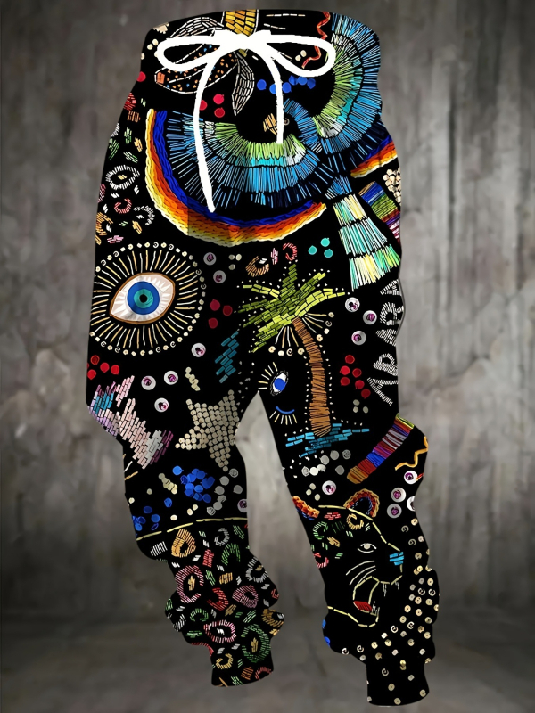 Vyrinės laisvos sportinės kelnės su geometriniu raštu, medvilnės–poliesterio mišinys, drėgmės pašalinimas, raištelių juostelė