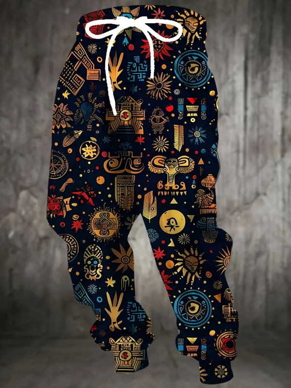 Vyrinės laisvos sportinės kelnės su geometriniu raštu, medvilnės–poliesterio mišinys, drėgmės pašalinimas, raištelių juostelė