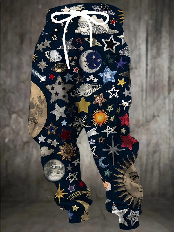 Vyrinės laisvos sportinės kelnės su geometriniu raštu, medvilnės–poliesterio mišinys, drėgmės pašalinimas, raištelių juostelė