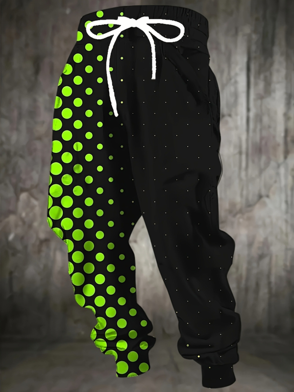 Vyrinės laisvos sportinės kelnės su geometriniu raštu, medvilnės–poliesterio mišinys, drėgmės pašalinimas, raištelių juostelė