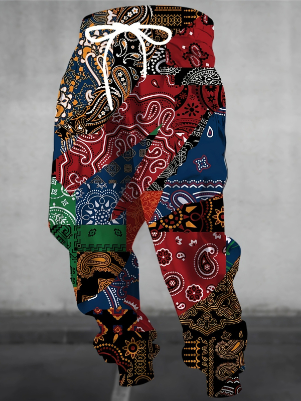 Vyrinės laisvos sportinės kelnės su geometriniu raštu, medvilnės–poliesterio mišinys, drėgmės pašalinimas, raištelių juostelė