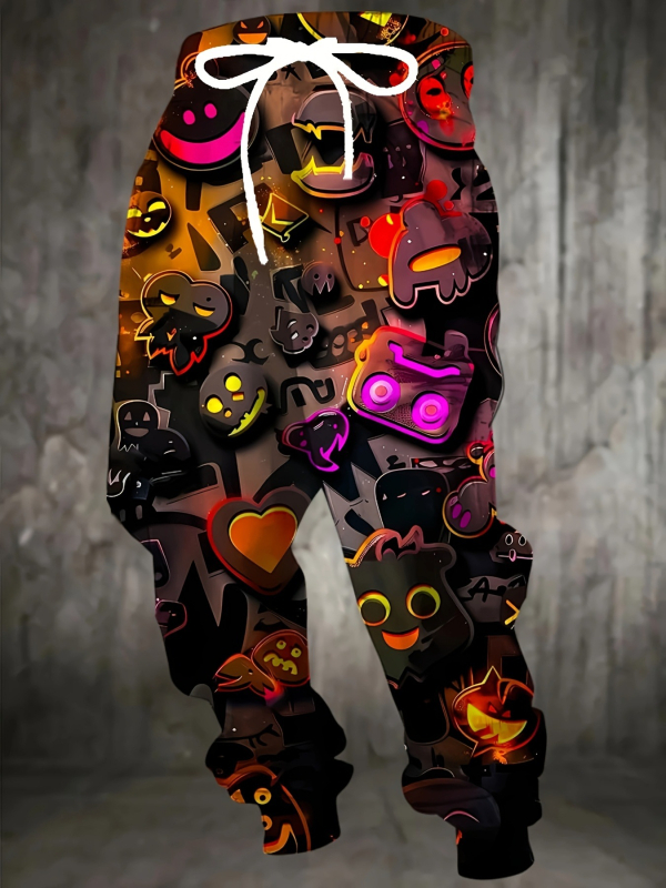 Vyrinės laisvos sportinės kelnės su geometriniu raštu, medvilnės–poliesterio mišinys, drėgmės pašalinimas, raištelių juostelė