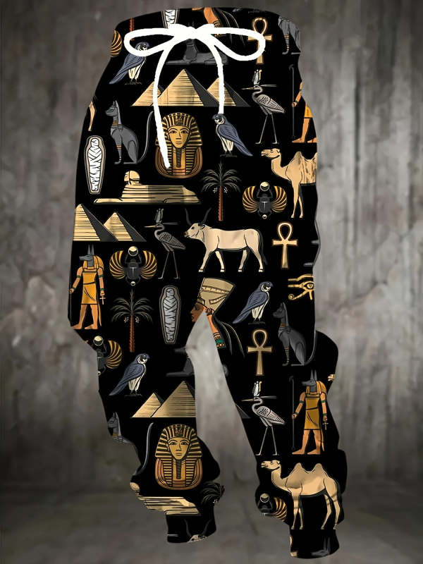 Vyrinės laisvos sportinės kelnės su geometriniu raštu, medvilnės–poliesterio mišinys, drėgmės pašalinimas, raištelių juostelė