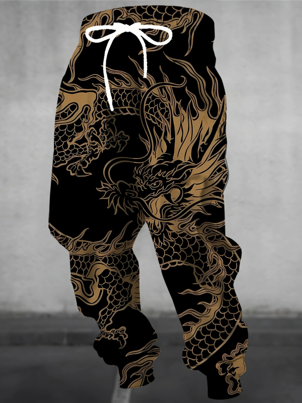 Vyrinės laisvos sportinės kelnės su geometriniu raštu, medvilnės–poliesterio mišinys, drėgmės pašalinimas, raištelių juostelė