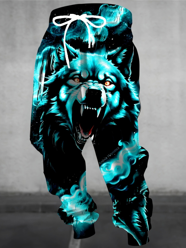 Vyrinės laisvos sportinės kelnės su geometriniu raštu, medvilnės–poliesterio mišinys, drėgmės pašalinimas, raištelių juostelė