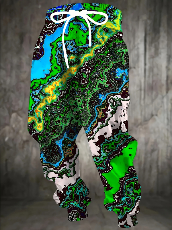 Vyrinės laisvos sportinės kelnės su geometriniu raštu, medvilnės–poliesterio mišinys, drėgmės pašalinimas, raištelių juostelė