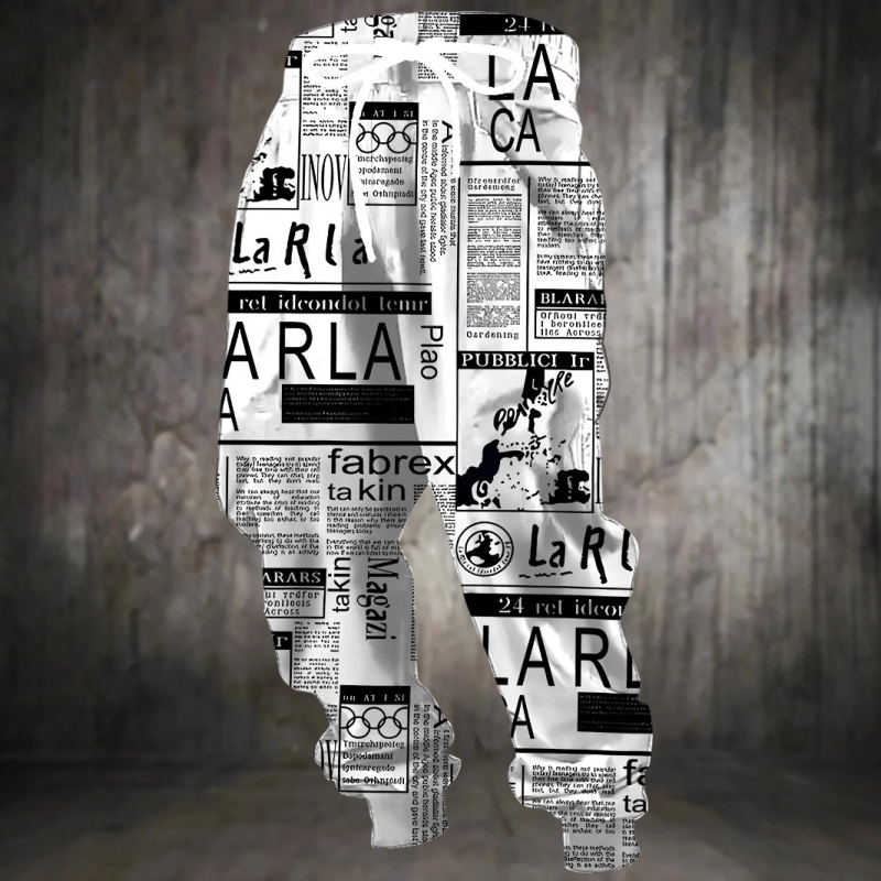 Vyrinės laisvos sportinės kelnės su geometriniu raštu, medvilnės–poliesterio mišinys, drėgmės pašalinimas, raištelių juostelė