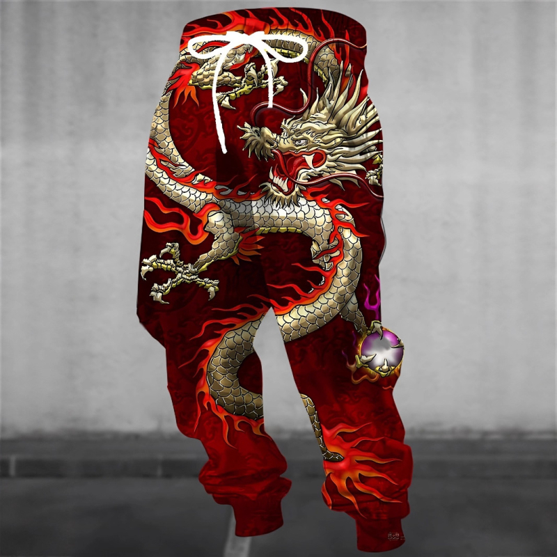 Vyrinės laisvos sportinės kelnės su geometriniu raštu, medvilnės–poliesterio mišinys, drėgmės pašalinimas, raištelių juostelė