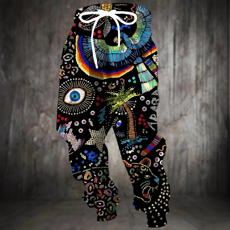 Vyrinės laisvos sportinės kelnės su geometriniu raštu, medvilnės–poliesterio mišinys, drėgmės pašalinimas, raištelių juostelė