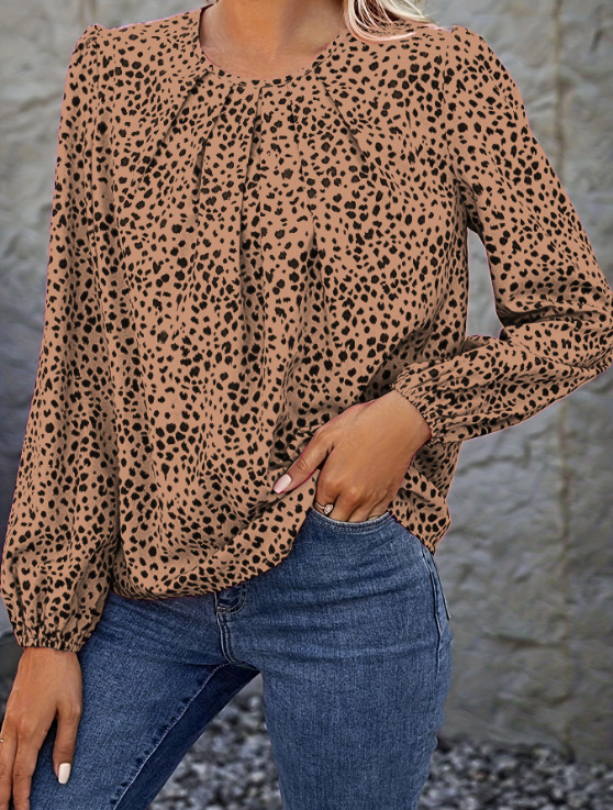 Блуза с леопардов принт от полиестер - дълги ръкави, кръгло деколте, свободна кройка
