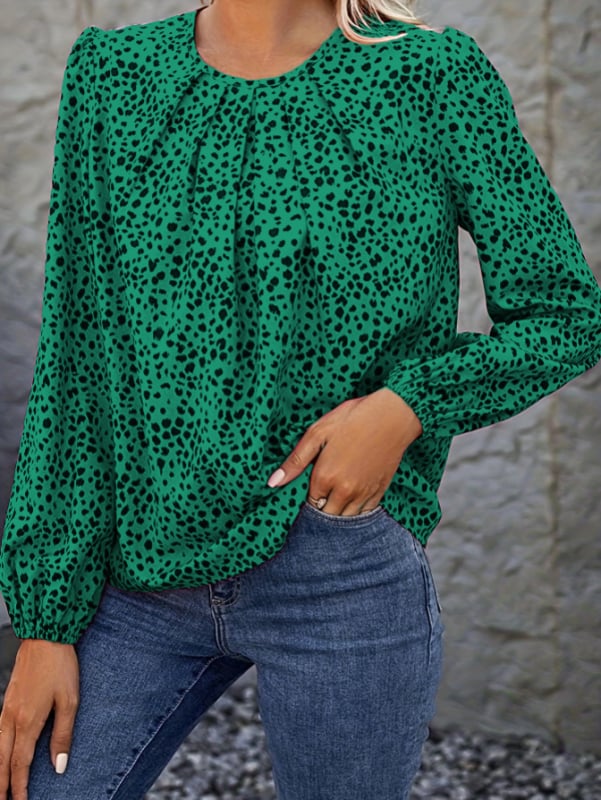 Блуза с леопардов принт от полиестер - дълги ръкави, кръгло деколте, свободна кройка