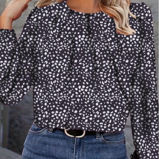 Блуза с леопардов принт от полиестер - дълги ръкави, кръгло деколте, свободна кройка