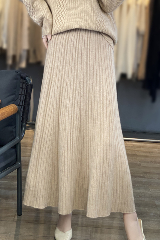 Μαλλί πλισέ midi φούστα, υψηλή μέση, πλεκτή, γραμμή Α, φθινοπωρινή-χειμερινή 2024