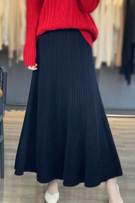 Μαλλί πλισέ midi φούστα, υψηλή μέση, πλεκτή, γραμμή Α, φθινοπωρινή-χειμερινή 2024