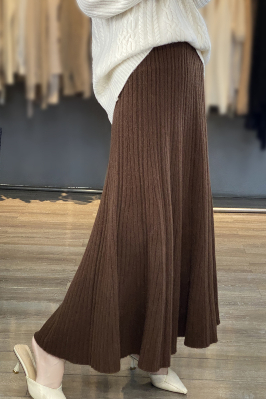 Μαλλί πλισέ midi φούστα, υψηλή μέση, πλεκτή, γραμμή Α, φθινοπωρινή-χειμερινή 2024