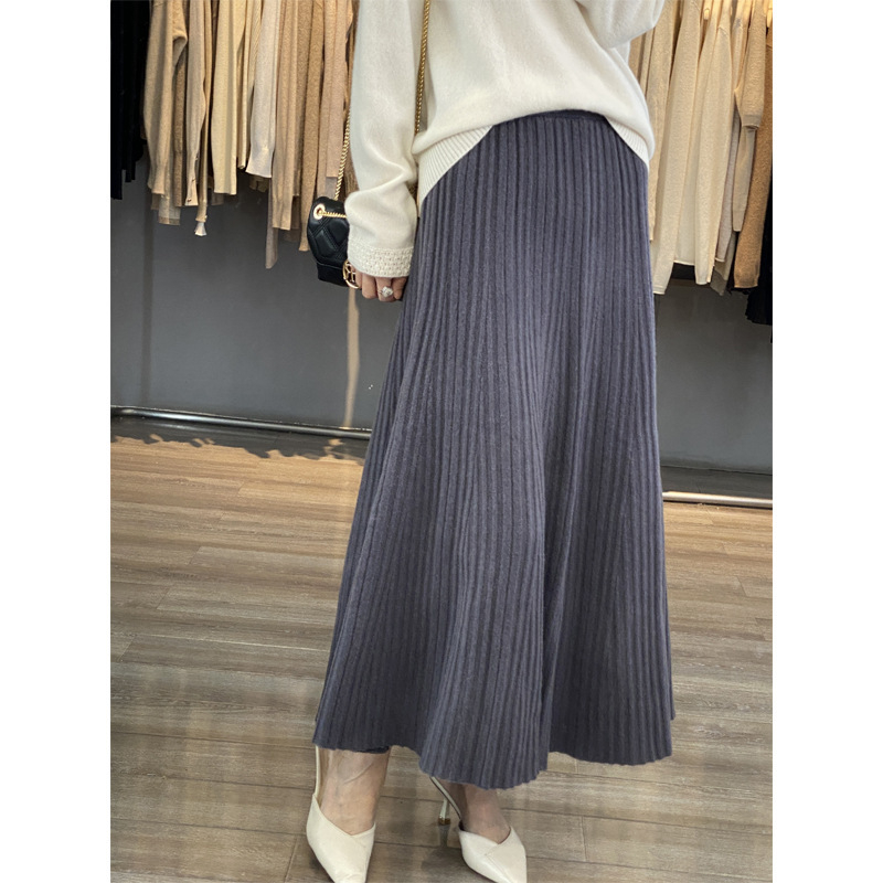 Μαλλί πλισέ midi φούστα, υψηλή μέση, πλεκτή, γραμμή Α, φθινοπωρινή-χειμερινή 2024