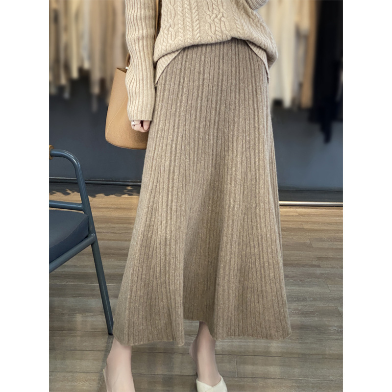 Μαλλί πλισέ midi φούστα, υψηλή μέση, πλεκτή, γραμμή Α, φθινοπωρινή-χειμερινή 2024