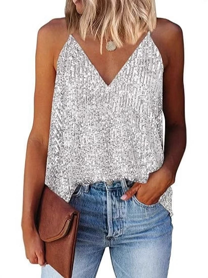 Halter top su sequin, giliai V kaklo iškirptė, A formos siluetas, poliesteris (halter stilius; sequin`ai; giliai V iškirptė; A formos siluetas; poliesteris)