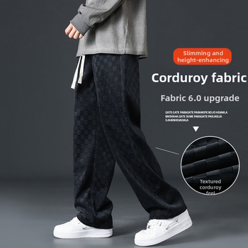 Corduroy vyriškos kelnės, laisvas kirpimas, langelių raštas, vidutinė juosta