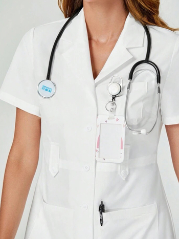 Γυναικείος ιατρικός χιτώνας με κοντά μανίκια, V-λαιμό, μεσαίου μήκους, πολυεστερική ύφανση με απομάκρυνση υγρασίας (95%+)
