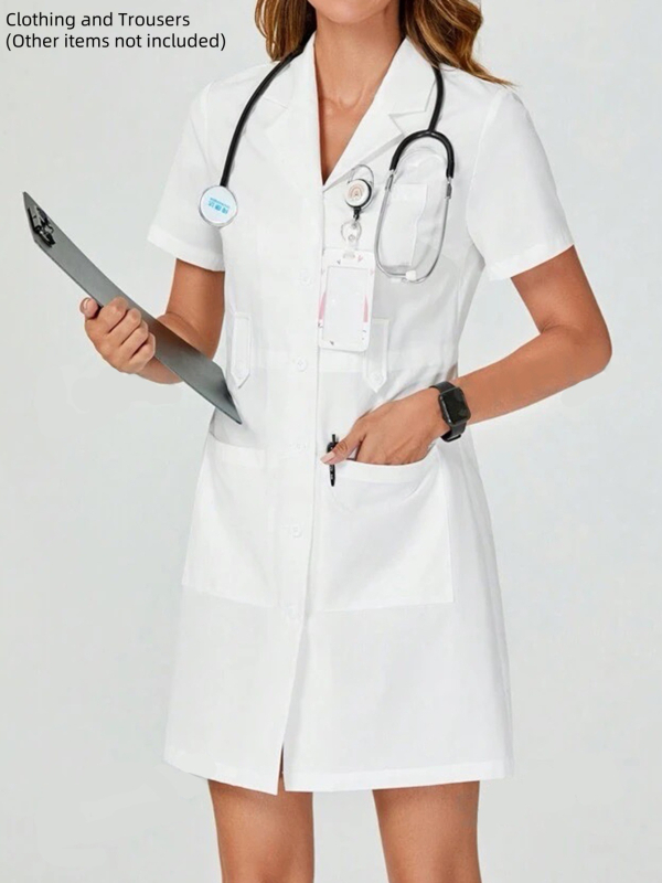 Γυναικείος ιατρικός χιτώνας με κοντά μανίκια, V-λαιμό, μεσαίου μήκους, πολυεστερική ύφανση με απομάκρυνση υγρασίας (95%+)