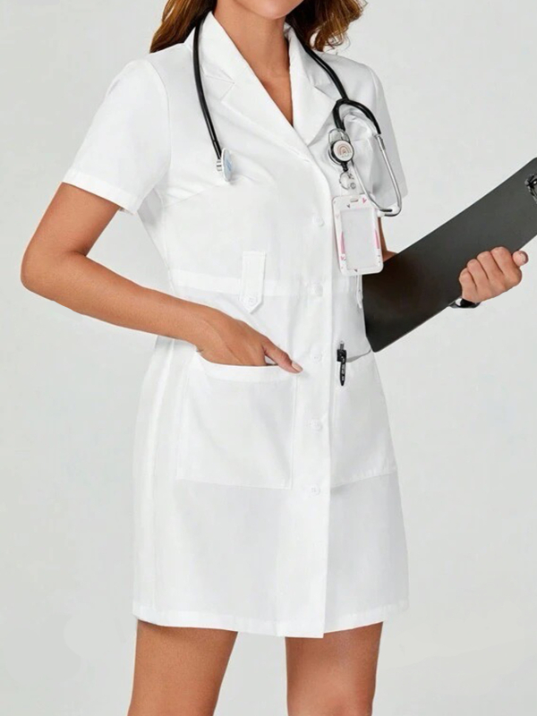 Γυναικείος ιατρικός χιτώνας με κοντά μανίκια, V-λαιμό, μεσαίου μήκους, πολυεστερική ύφανση με απομάκρυνση υγρασίας (95%+)