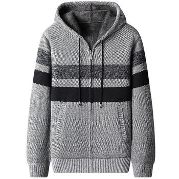 Мъжки плетен пуловер с качулка и флис подплата, дебел и удобен, дълги ръкави, Slim fit