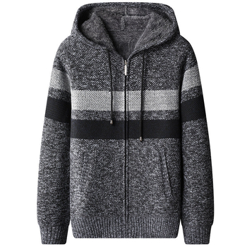 Мъжки плетен пуловер с качулка и флис подплата, дебел и удобен, дълги ръкави, Slim fit