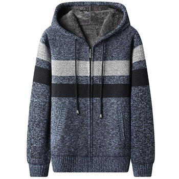 Мъжки плетен пуловер с качулка и флис подплата, дебел и удобен, дълги ръкави, Slim fit