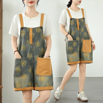 Γυναικείοι denim overalls, χαλαρή γραμμή, υψηλή μέση, ρετρό εκτύπωση, μεγάλες τσέπες, πλύσιμο με νερό και πέτρες