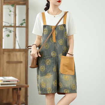 Γυναικείοι denim overalls, χαλαρή γραμμή, υψηλή μέση, ρετρό εκτύπωση, μεγάλες τσέπες, πλύσιμο με νερό και πέτρες