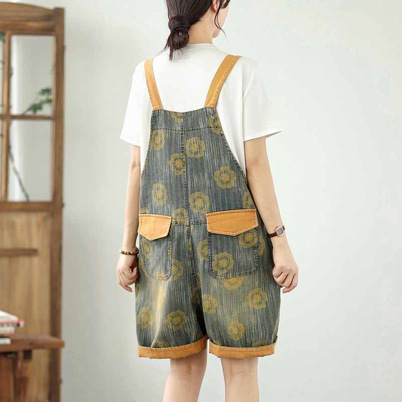 Γυναικείοι denim overalls, χαλαρή γραμμή, υψηλή μέση, ρετρό εκτύπωση, μεγάλες τσέπες, πλύσιμο με νερό και πέτρες