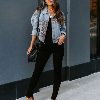 Γυναικείο denim τοπ με λεοπάρ εκτύπωση, στενή γραμμή, πέτο γιακά, ψηφιακή εκτύπωση, μακριά μανίκια