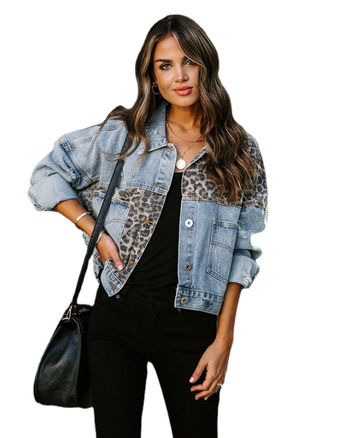 Γυναικείο denim τοπ με λεοπάρ εκτύπωση, στενή γραμμή, πέτο γιακά, ψηφιακή εκτύπωση, μακριά μανίκια