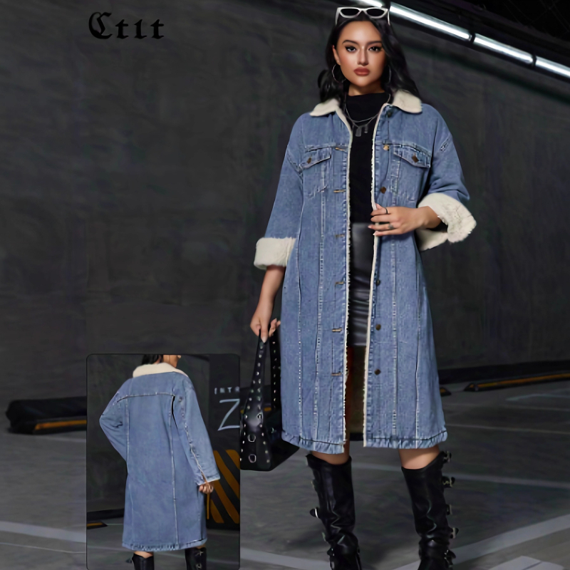 Džinsa jaka ar kokvilnas pildījumu, garš, brīvs piegriezums, apkakle